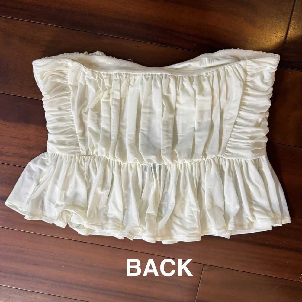EXPRESS RUCHED STRAPLESS IVORY PEPLUM TUBE TOP - Picture 13 of 13